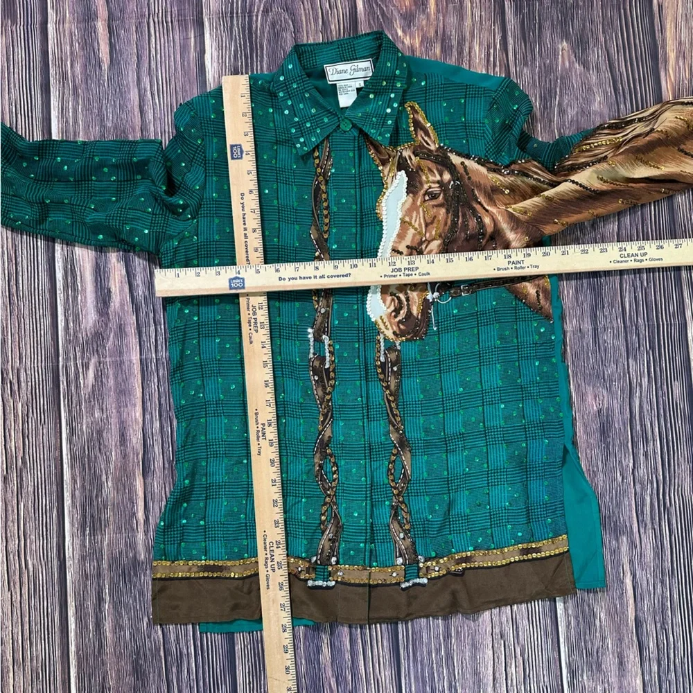 Vintage Diane Gilman 100% Silk Sequins Horse Green Plaid Button Down Blouse - Picture 5 of 7